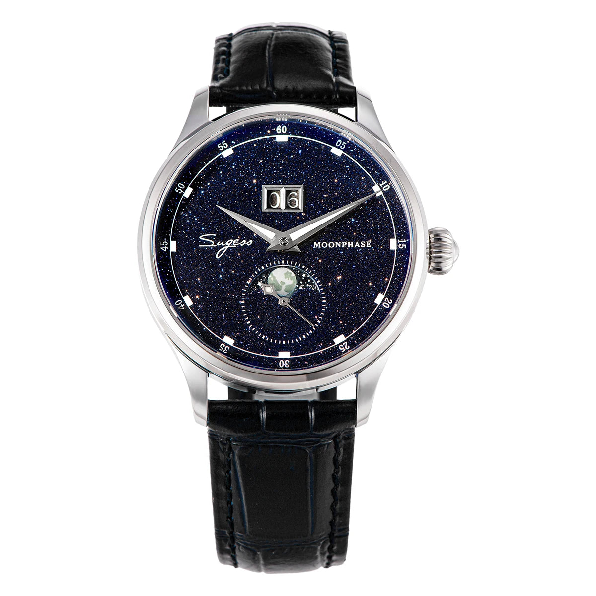 Sugess Mens Watch Limited Edition Moonphase 316L Stainless Steel Case Tianjin ST2528 Movement Luxury Gemstone Stars Dial Gift V3