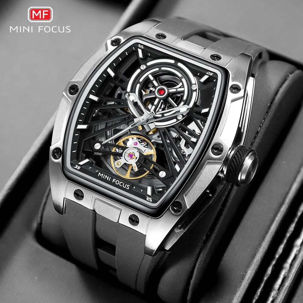 MINI FOCUS Herren-Armbanduhr, modisch, schwarz, wasserdicht, automatische mechanische Uhr mit Leuchtzeigern, Silikonarmband und Tonneau-Zifferblatt