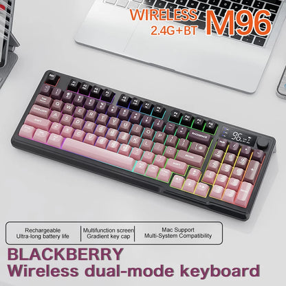 M96 Bluetooth Wireless Keyboard FREEWOLF Digital Display, RGB Backlight, 2000mAh Battery & PBT Keycaps for PC/Laptop