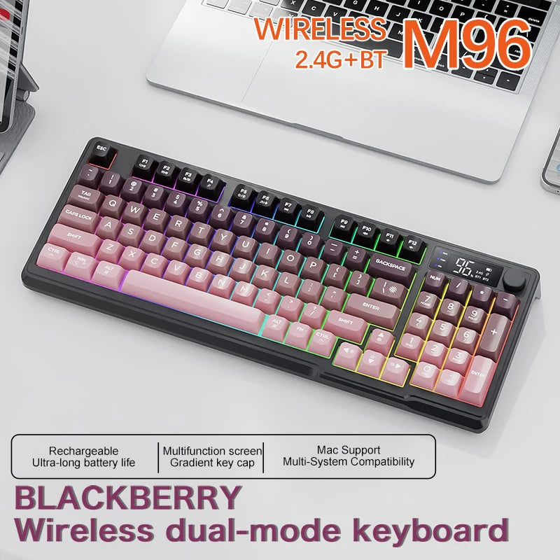 Teclado Sem Fios Bluetooth M96 FREEWOLF com Ecrã Digital, Retroiluminação RGB, Bateria de 2000mAh e Teclas PBT para PC/Portátil