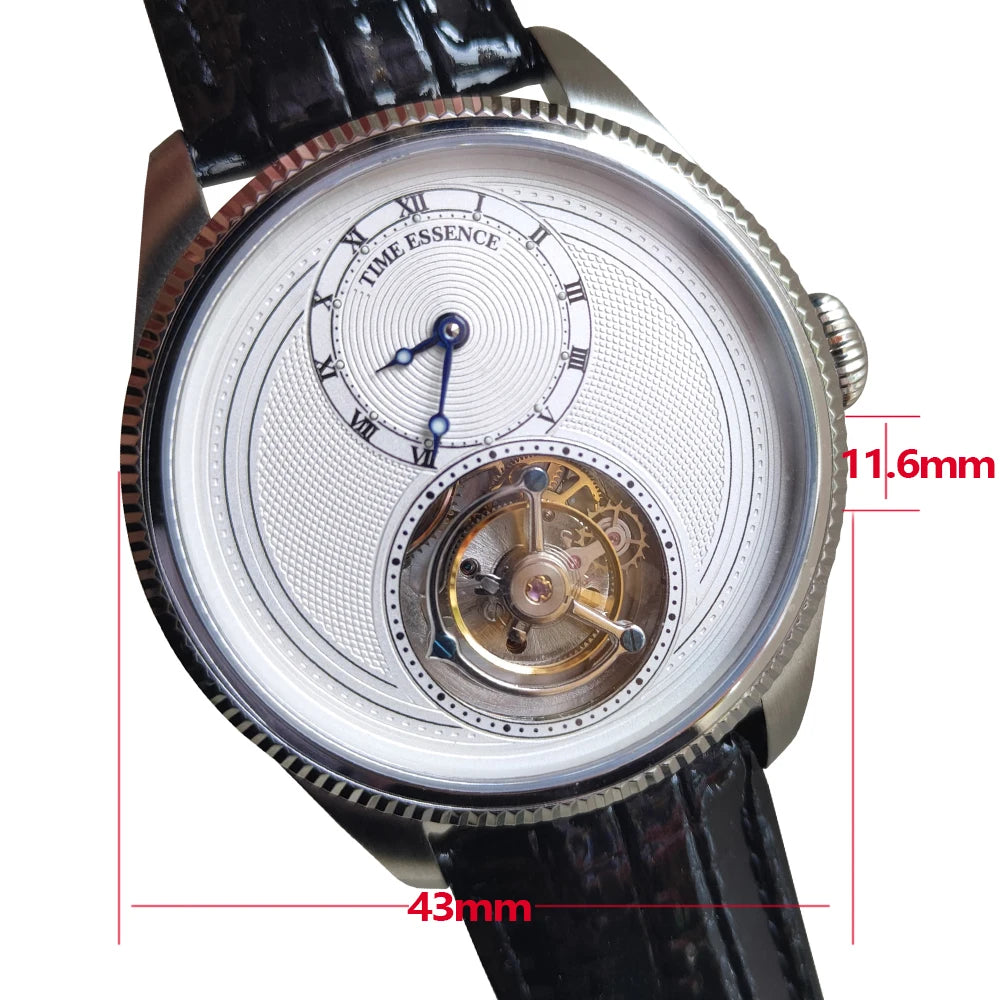 Time Essence Tourbillon Watch Classic Styling Leather Strap Sapphire Glass Hand Winding Luminous 28800