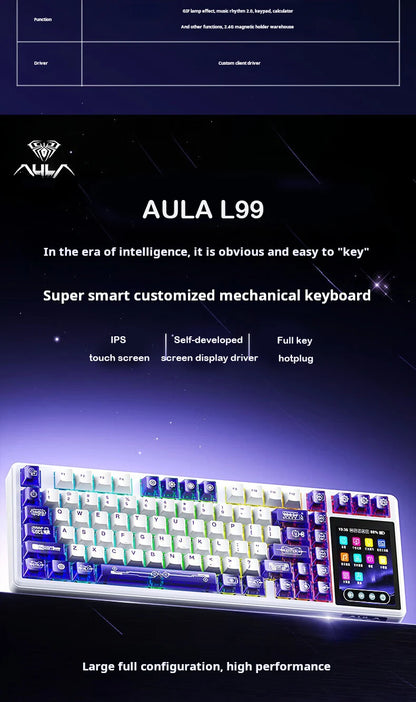 Teclado mecânico AULA L99 com ecrã inteligente, Bluetooth sem fios, tri-modo, teclado gaming noturno para portátil, 8000mAh, switch Raindrop