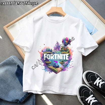 T-shirts Infantis Fortnite Novidade de Verão, T-shirt com Figura de Desenho Animado, Estampado Gráfico, Casual e Desportivo, Manga Curta, Tops Desportivos para Criança, Roupa para Rapazes