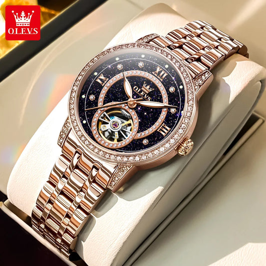 OLEVS Brand Fashion Women Mechanical Watches Starry Sky Dial Diamond Automatic Wristwatch Ladies Waterproof Luminous Clock Women