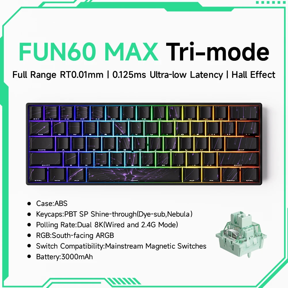 Teclado Mecânico Akko MonsGeek FUN60 com Switch Magnético, 60%, Teclado Gaming, Rapid Trigger 0.01mm, 8K, ARGB, HE/TMR, Teclado Personalizado