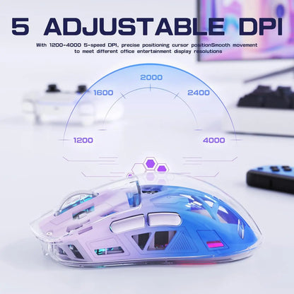 A2 transparente kabellose Gaming-Maus, BT 5.0/2.4G, wiederaufladbare RGB-Maus für PC mit digitalem Display, PixArt 3212, 5 einstellbare DPI