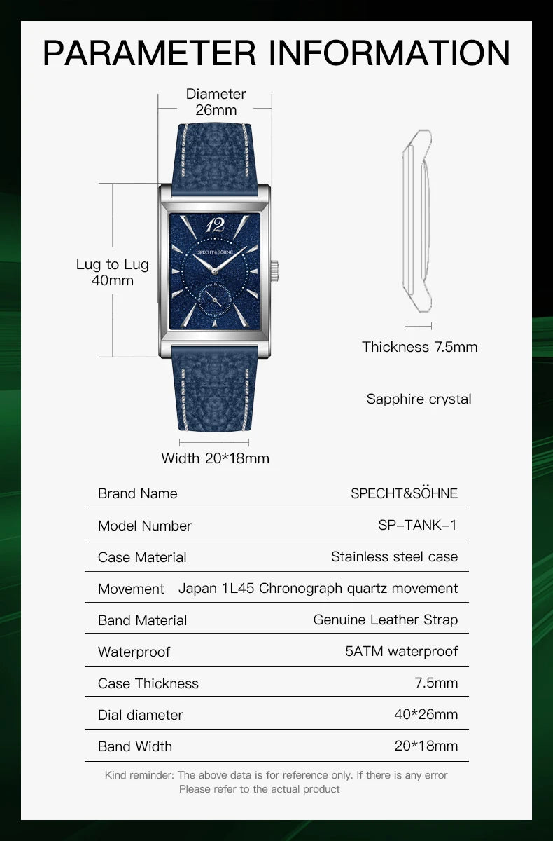 2026 Specht&Söhne Ultra Thin 7.5mm Rectangular Watch Japan Quartz Movement Small Seconds Sandblasted Dial Grey Leather Strap Watch