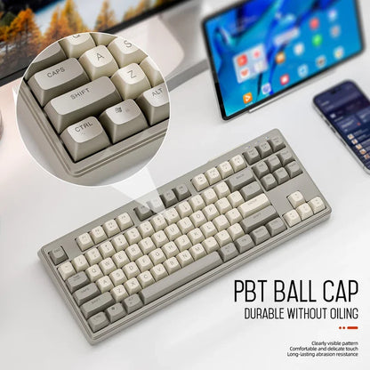 Teclado M87 Sem Fios Bluetooth de Modo Duplo, Sensação Mecânica para Gaming e Escritório, Silencioso, Teclas PBT Ball Cap, Luz Arco-Íris