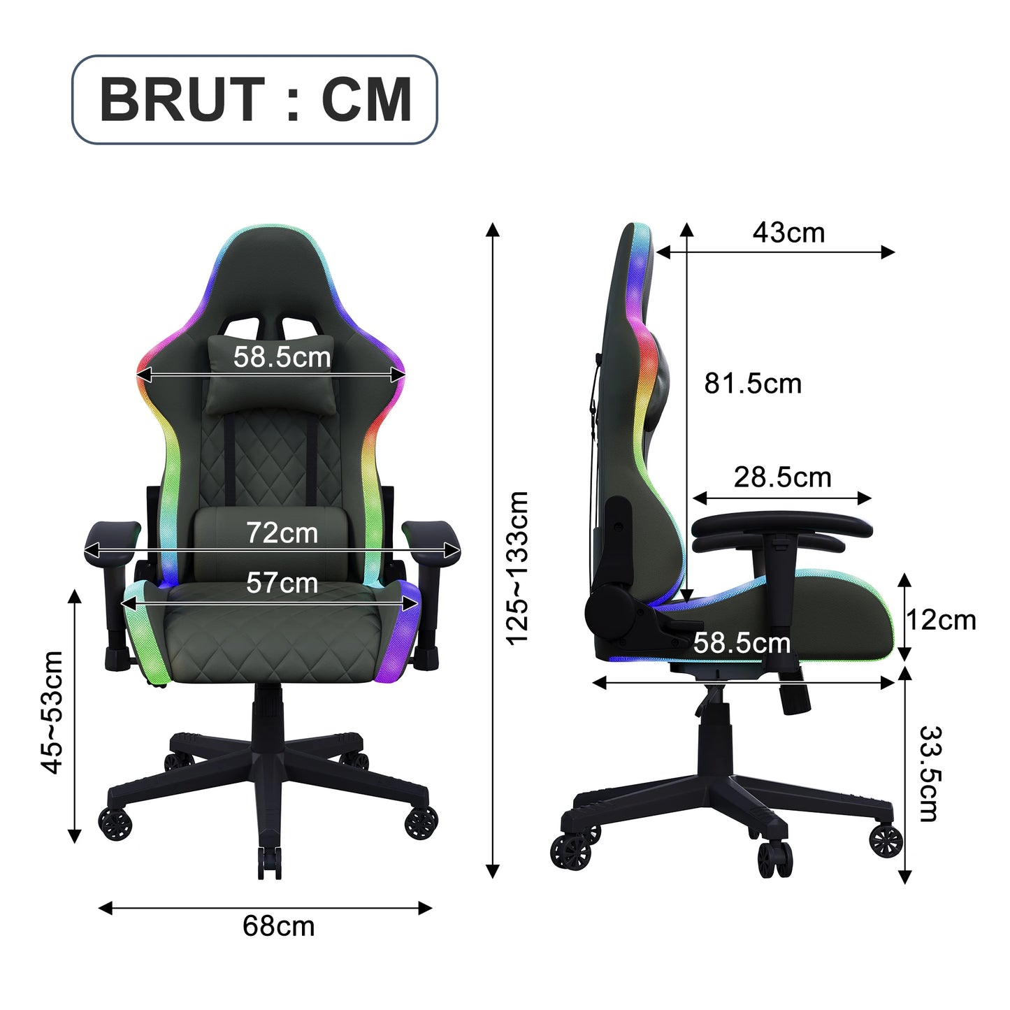 Ergonomic Gaming Chair with Massage Function, RGB LED, 90-135 Degree Recline, Up to 130kg, Office Chair, Premium Leather, Black
