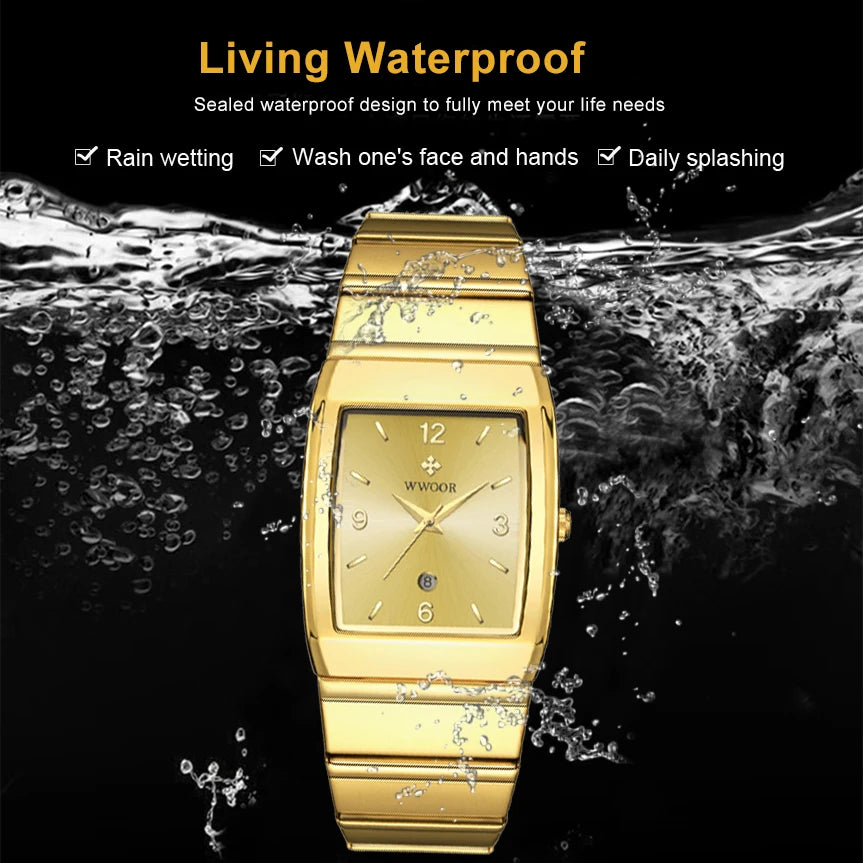 Relogio Masculino WWOOR New Man's Square Watch For Men with Automatic Date Luxury Stainless Steel Gold Mens Quartz Wrist Watches