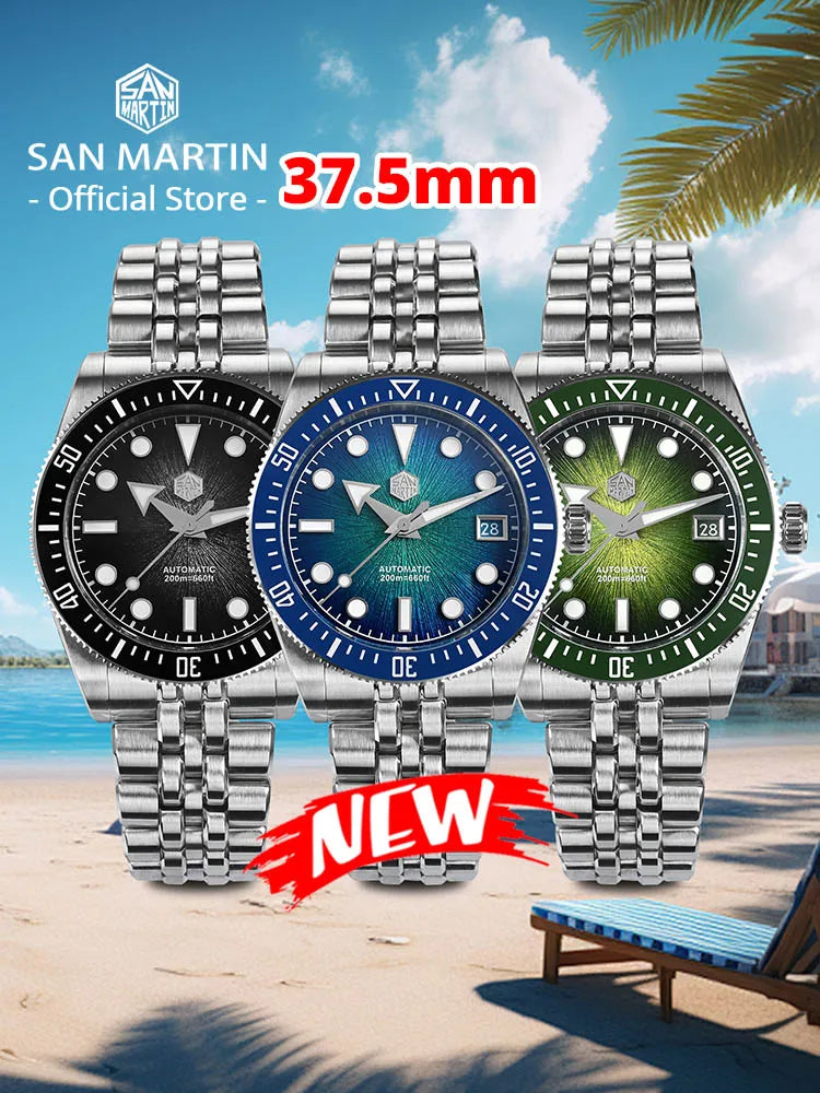 San Martin 40mm Luxus-Taucheruhr für Herren, Miyota 9015, Sunburst-Emaille-Zifferblatt, automatische mechanische Armbanduhr, wasserdicht bis 200m, SN0148