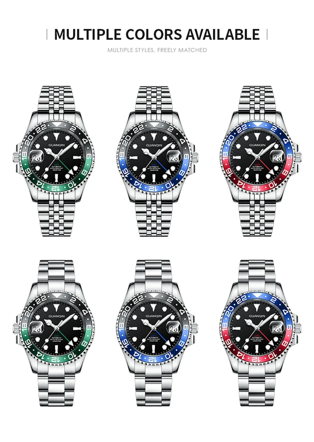 Orologio da uomo GUANQIN GMT 2025, nuovo orologio automatico da uomo NH34, meccanico da polso, vetro zaffiro, acciaio inox, per mancini