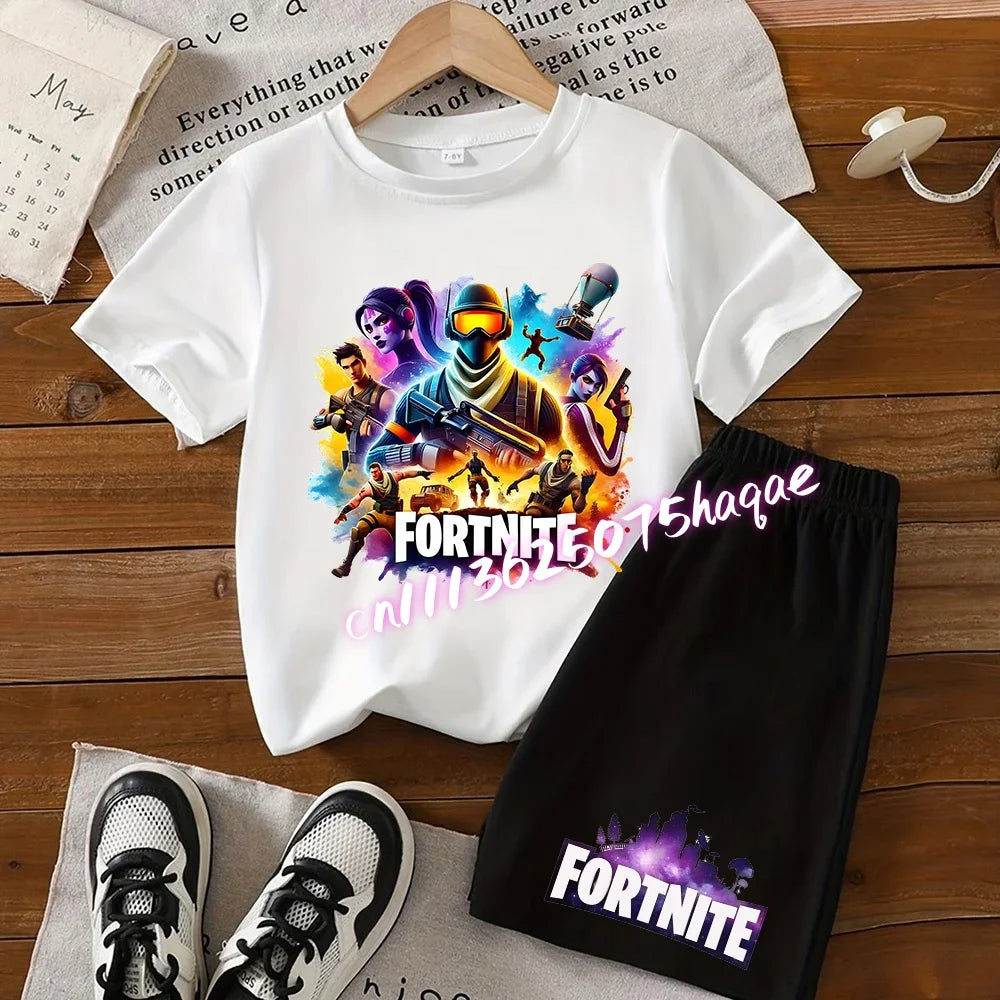 Angesagtes Fortnite-Kinder-Set mit T-Shirt und Shorts, Cartoon-Figur-Print, Sommer-Freizeit-Sportbekleidung für Jungen