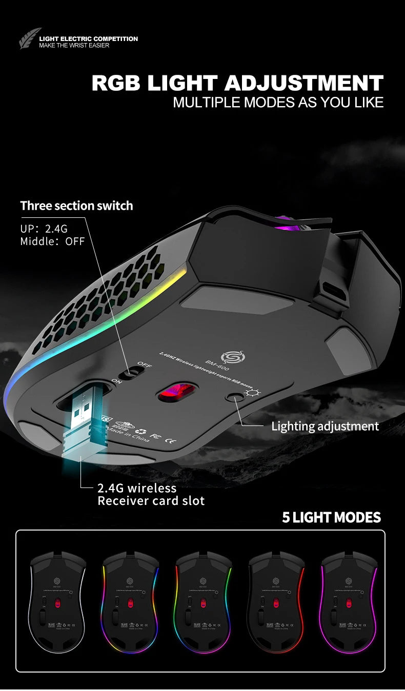 BM600 Rechargeable USB 2.4G Wireless RGB Light Honeycomb Gaming Mouse Desktop PC Computers Notebook Laptop Mice Mause Gamer