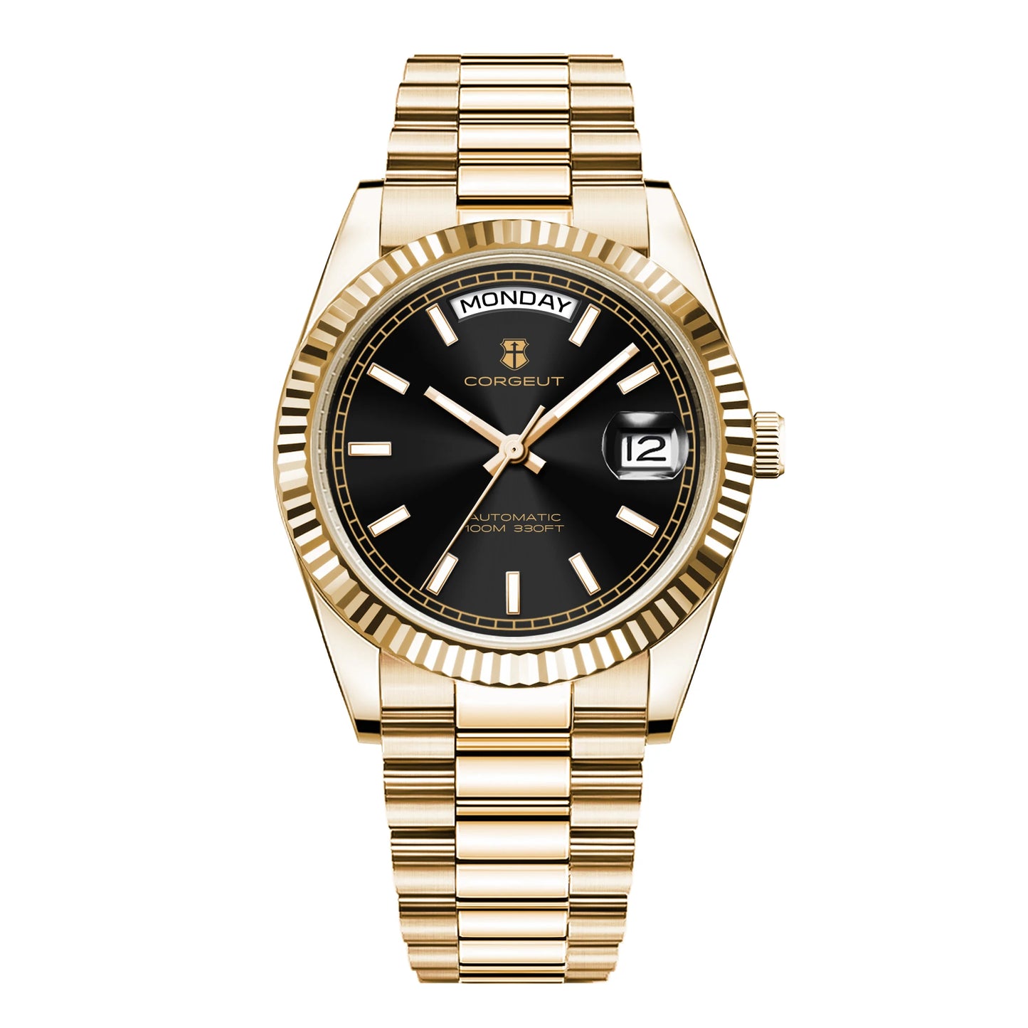 Orologio meccanico da uomo CORGEUT NH36 con indicazione di giorno e data, bracciale President, cassa in acciaio, lunetta arcuata filettata, impermeabile