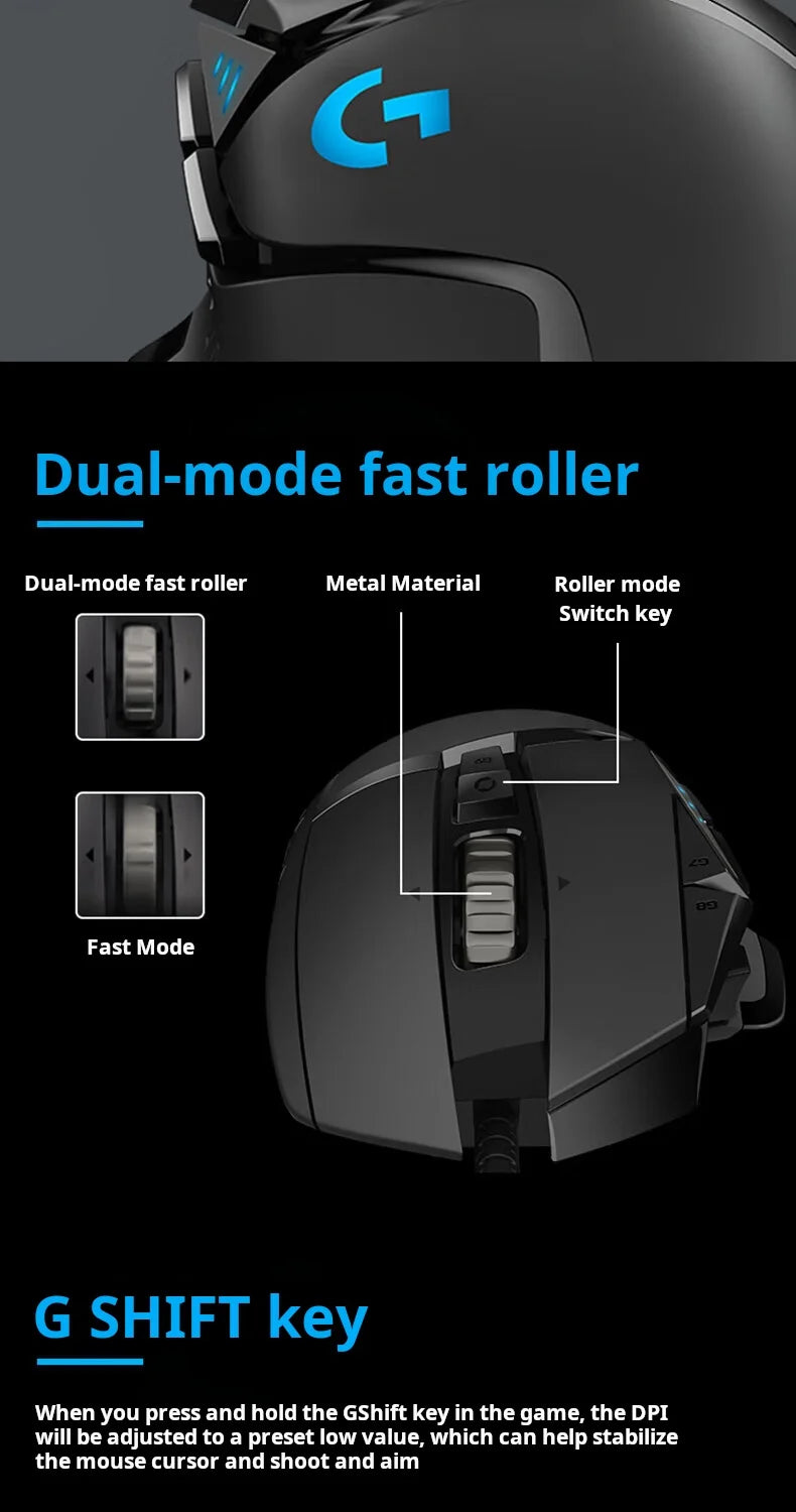 Logitech G502 HERO kablet gamingmus til e-sport, PUBG, mekanisk mus med RGB-lys, justerbar vægt og programmerbare makroer