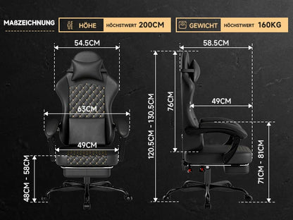PINGGO Ergonomischer Gaming-Stuhl mit Fußstütze und Massagefunktion, PVC-Leder-Bürostuhl für PC-Gaming, Belastbarkeit 150kg
