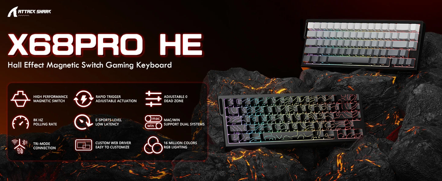 ATTACK SHARK X68PRO HE 60% Wireless Rapid Trigger Gaming Keyboard, Adjustable Actuation, 8K, Hall Effect Magnetic Switch, Tri-mode