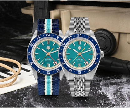 Orologio da uomo automatico San Martin 39.5mm Limited Edition con quadrante Full Lume, NH34 GMT, data a ore 6, 10Bar, Kol Saati di lusso SN0116W