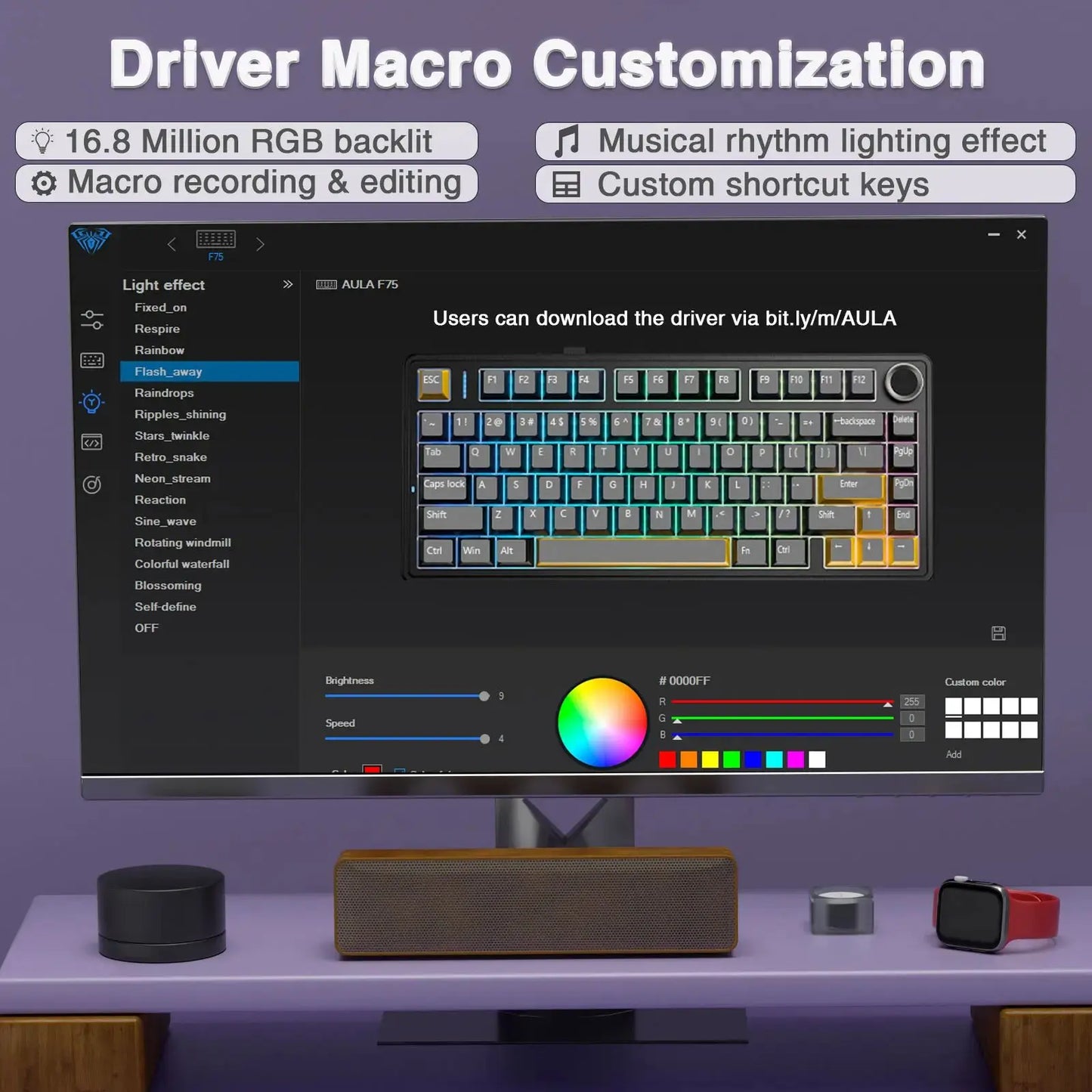 AULA F75 Pro Teclado mecánico gaming inalámbrico con montaje gasket, RGB personalizable, distribución 75% y teclas PBT con grabado lateral