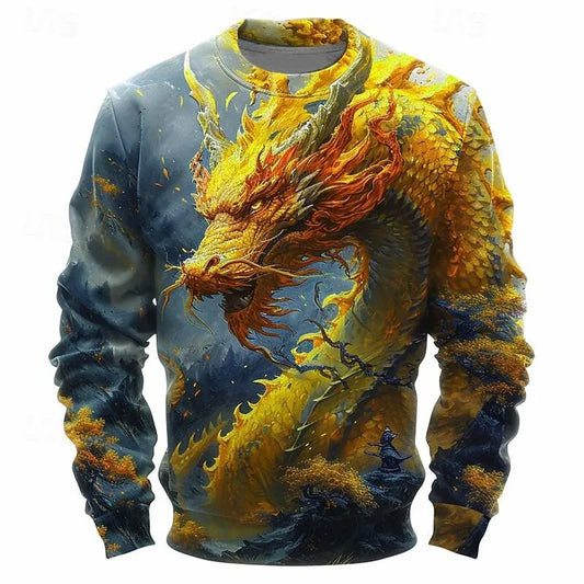 Sudadera para hombre con gráfico de dragón de moda y estampado 3D, elemento cultural tradicional, estilo vintage, pulóver elegante de cuello redondo para otoño, corte holgado