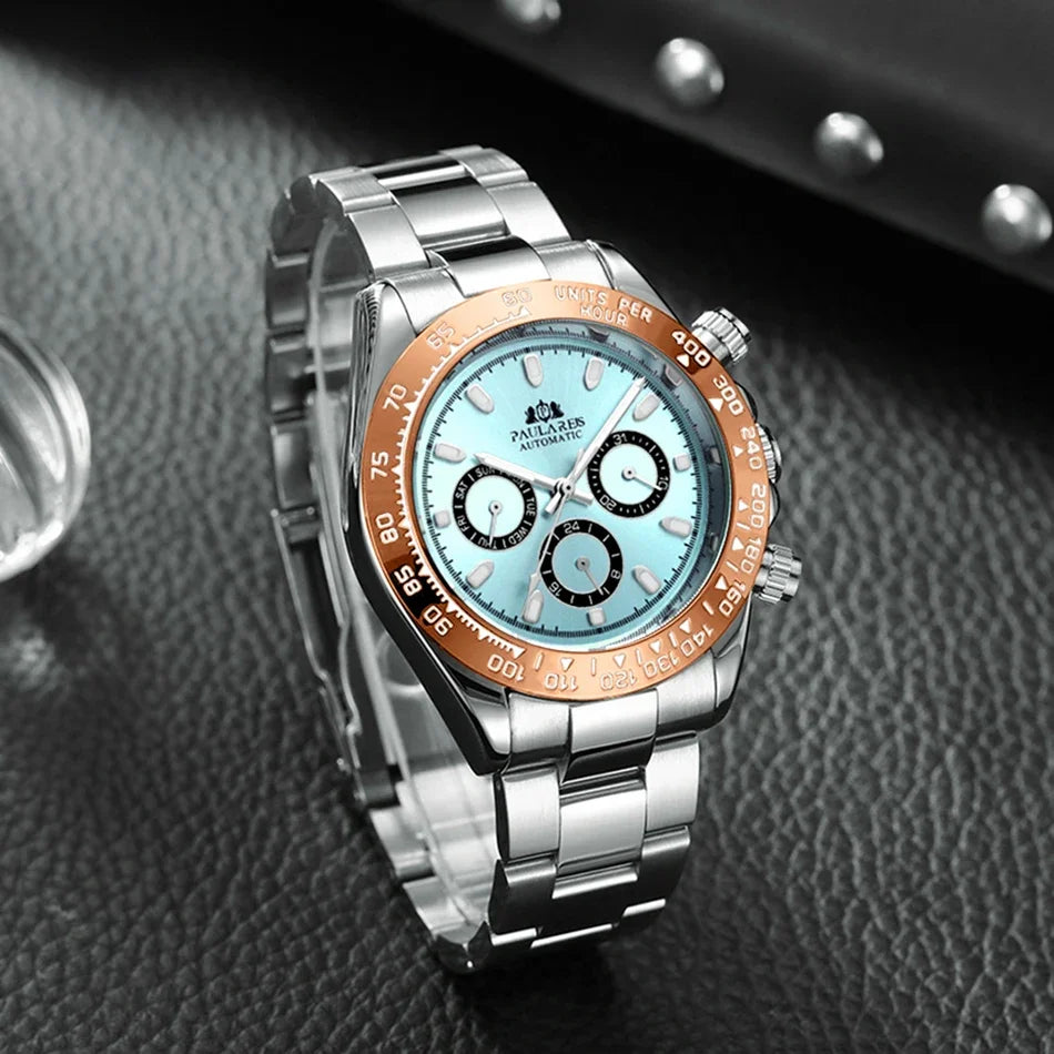 Automatic Watches for Men Mechanical Self Weind Gold Stainless Steel Glacier Ice Blue Chestnut Brown Bezel Reloj Hombre Baratos