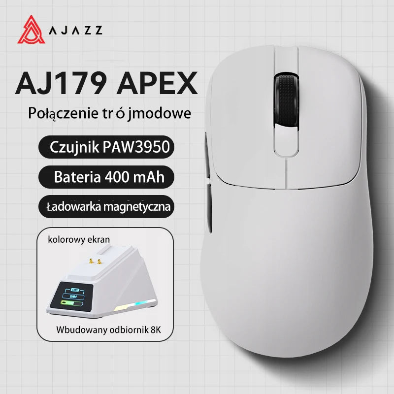 AJAZZ AJ179 APEX Gaming-Maus mit Dock mit Farbdisplay, magnetischem Laden, 8000Hz Hochfrequenz /, Tri-Mode (PAW3950), Rechtshänder
