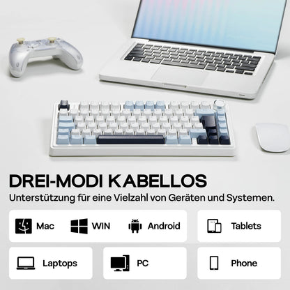 Teclado mecânico sem fios EPOMAKER x AULA F75 ISO-DE com conectividade tri-modo, layout alemão QWERTZ e bateria de 4000 mAh