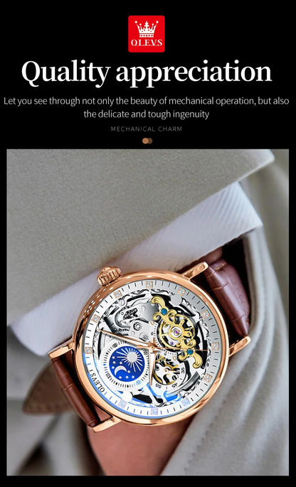 OLEVS Skeleton Watches Mechanical Automatic Watch Men Tourbillon Sport Clock Casual Business Moon Wrist Watch Relojes Hombre