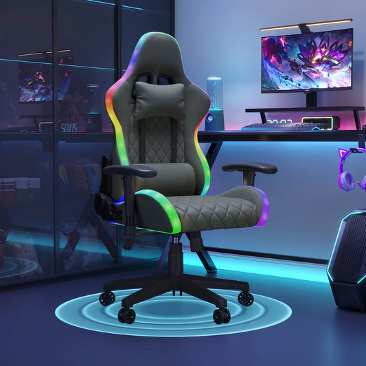 LED Gaming Chair Ergonomic Office Chair with Adjustable Backrest, PU Leather Computer Chair with Lumbar Support Cushion, Footrest & Headrest