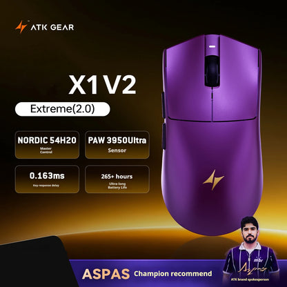 Rato Gaming Sem Fios ATK X1 V2 Ultimate 2.0 Paw3950 Utrla 54g Leve 750ips 0.163ms Baixa Latência 650ips — Novo Acessório para Oferta