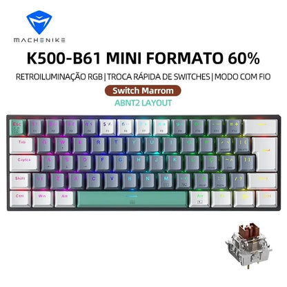 Teclado Mecânico Mini Machenike K500-B61 60% Layout ABNT2, Retroiluminação RGB, Hot-swappable, NKRO, Teclado Gaming com Fios para PC Gamer