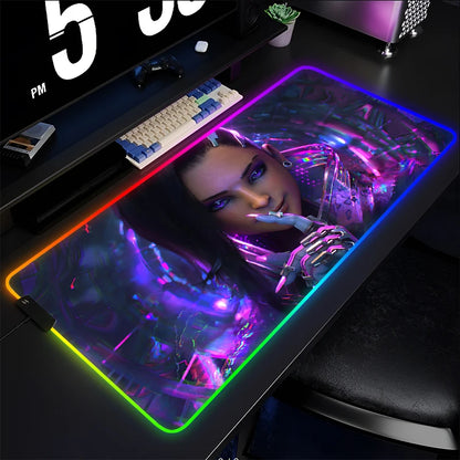 Геймърски пад за мишка и клавиатура Overwatch Sombra, подложка за бюро с LED RGB, гумен килим за мишка, kawaii mousepad за ноутбук