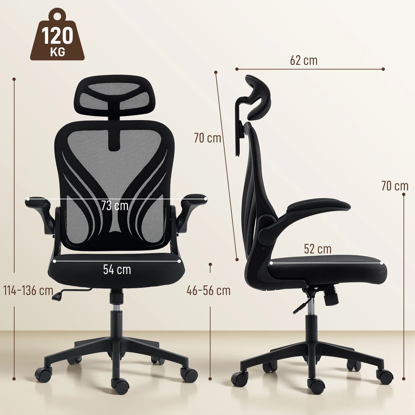 HOMCOM Chair Ergonomic desk, Mesh desk armchair with Flistable Fold, 2D Headrest, Bracing, Bracing, so