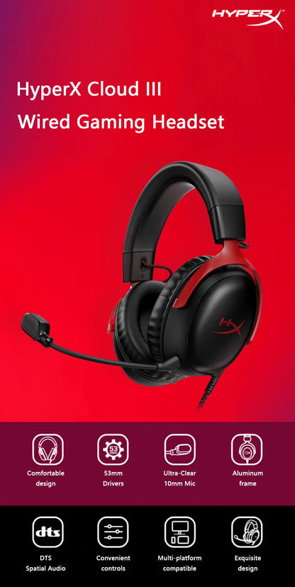 HyperX Cloud III kabelgebundenes Gaming-Headset mit DTS X Spatial Audio, 53mm-Treibern, geräuschunterdrückendem Mikrofon – USB- & 3.5mm-Gaming-Kopfhörer für PC, PS5, Xbox, Switch