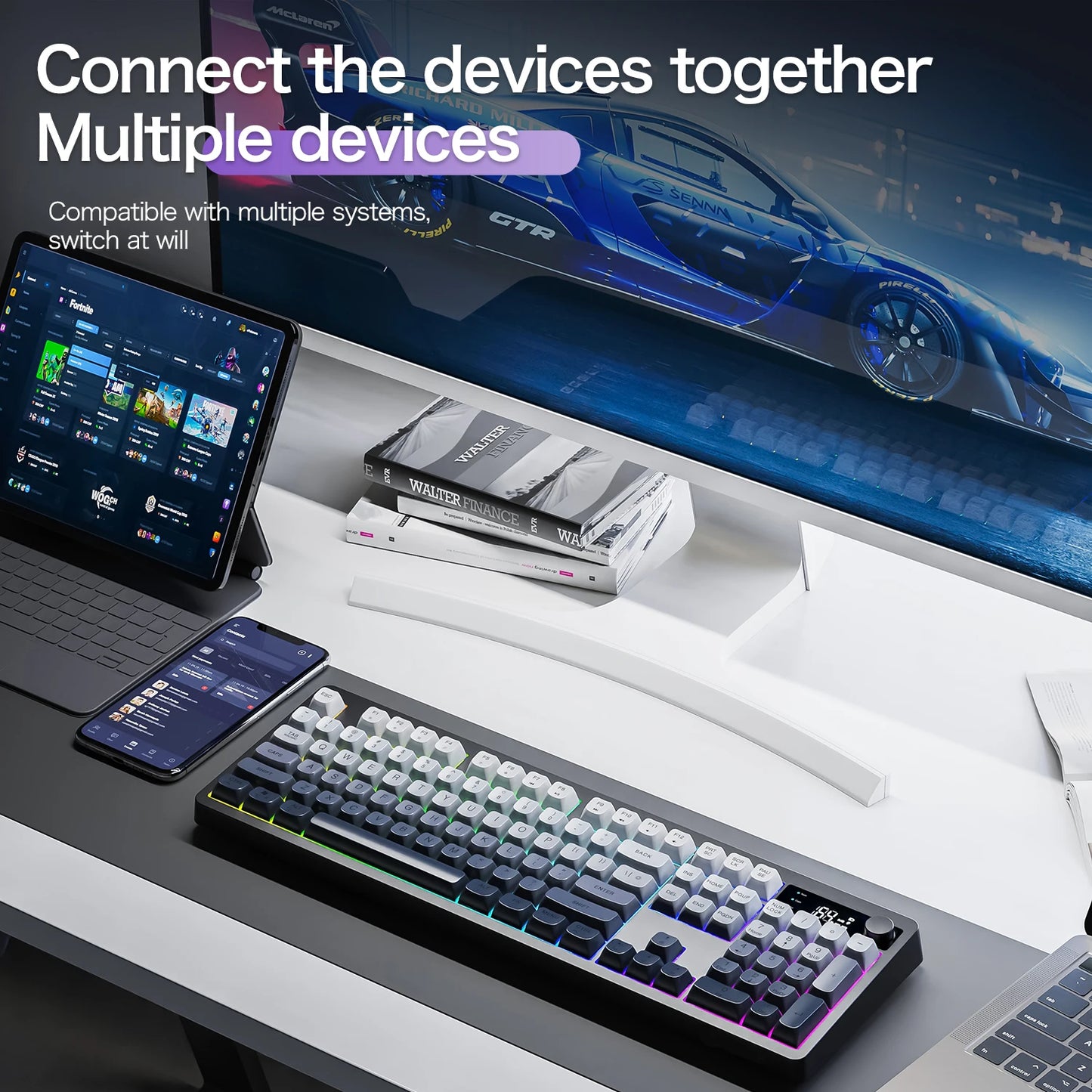Teclado XUNFOX TK100 sem fios 2.4 Bluetooth de modo duplo para gaming, silencioso, escritório e portátil, universal