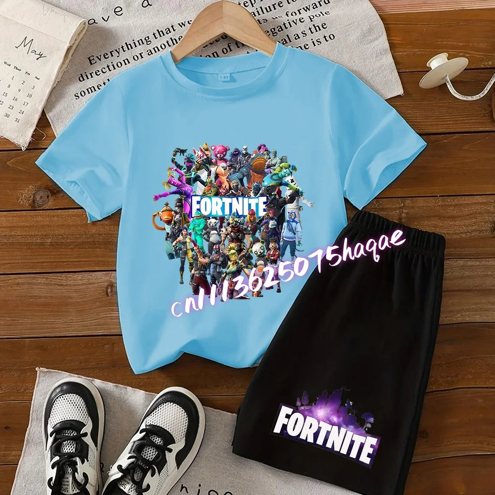 Angesagtes Fortnite-Kinder-Set mit T-Shirt und Shorts, Cartoon-Figur-Print, Sommer-Freizeit-Sportbekleidung für Jungen