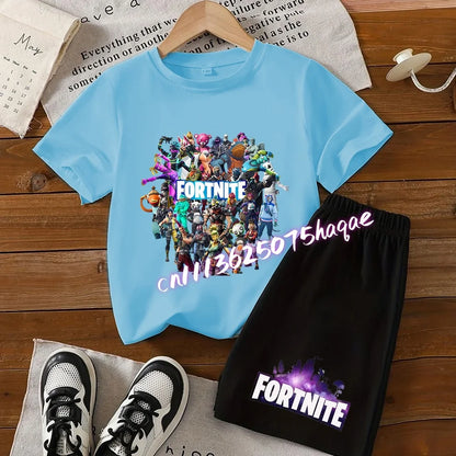 Angesagtes Fortnite-Kinder-Set mit T-Shirt und Shorts, Cartoon-Figur-Print, Sommer-Freizeit-Sportbekleidung für Jungen