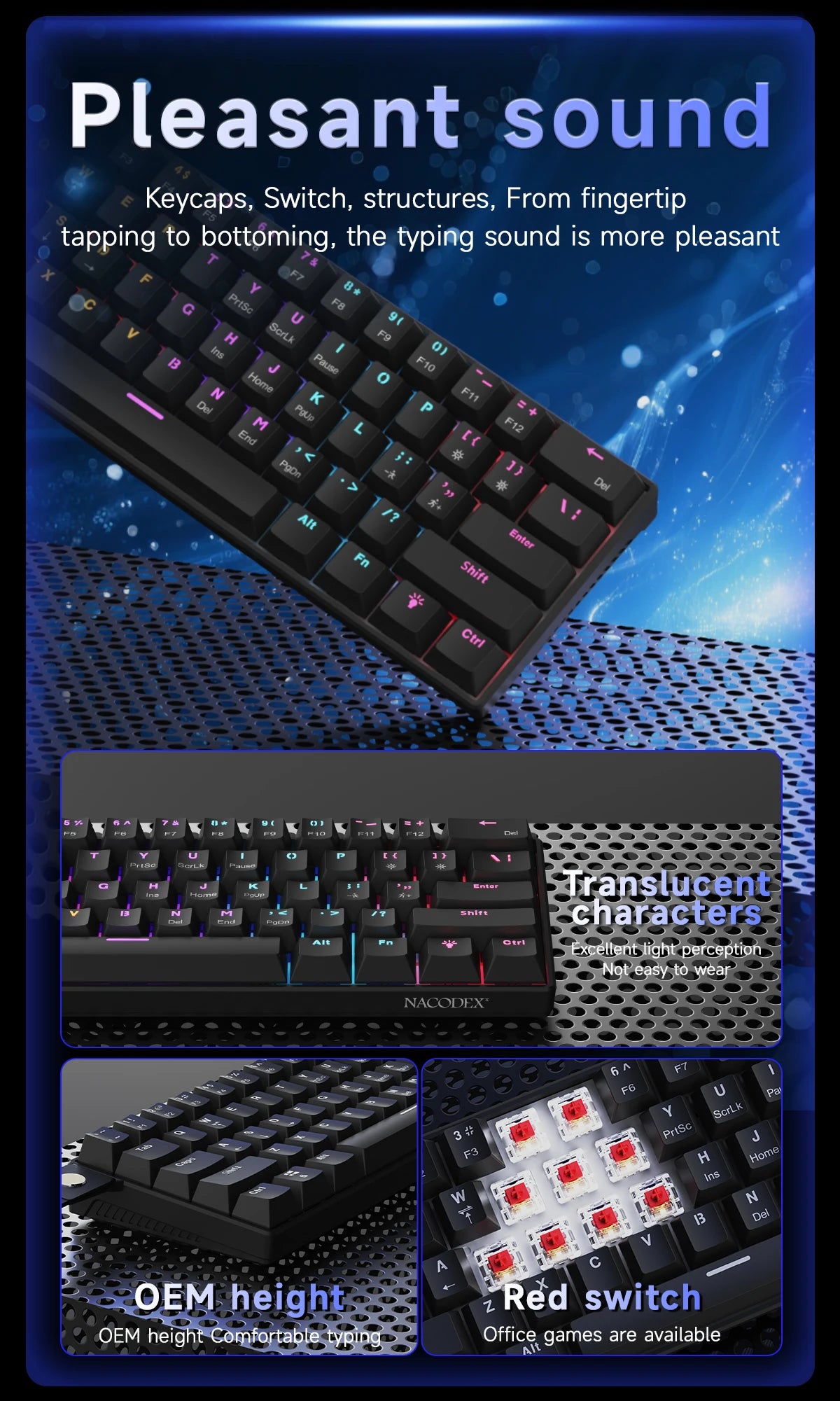 AJAZZ NK61 61-Key Wired Mechanical Keyboard with Hot-Swappable Red Switches, RGB Backlit Compact Gaming Keyboard for PC & Mac