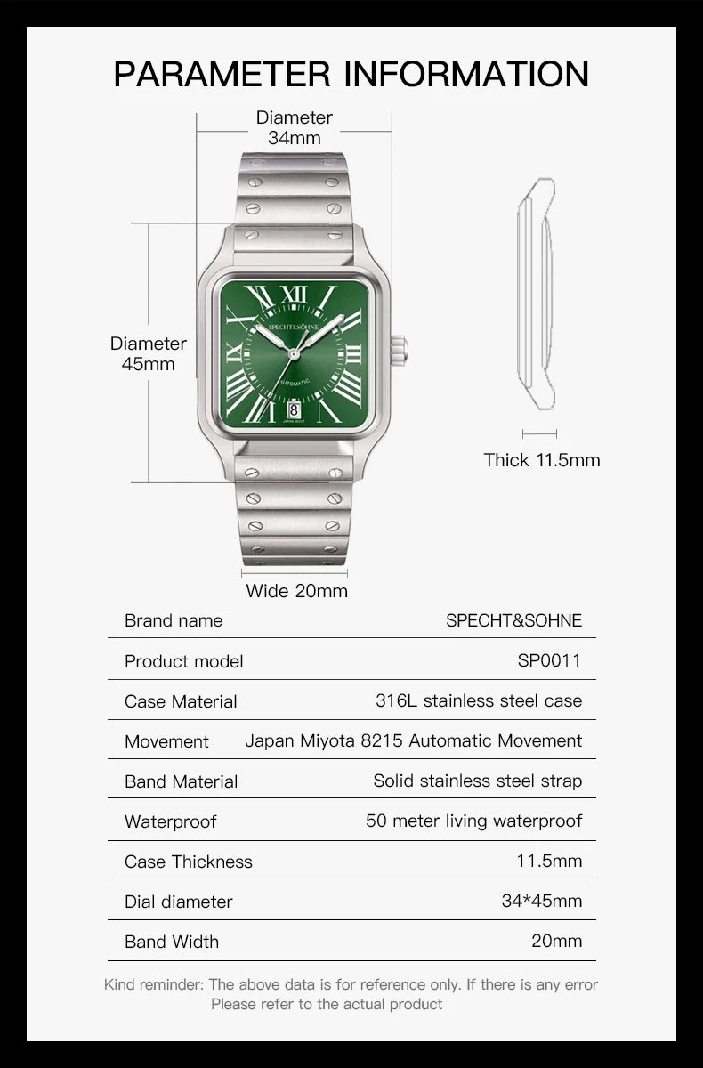 Specht & Söhne New Men's Watches Japan Miyota 8215 Movement Mechanical Wristwatches Stainless Steel 50M Waterproof Men's Watch