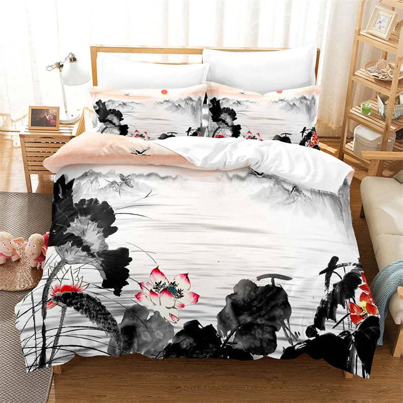 Conjunto de capa de edredão com pintura de bambu, conjunto de roupa de cama em estilo chinês, linho juvenil, tamanho Queen, conjunto de capa de edredão, conjunto de roupa de cama moderno
