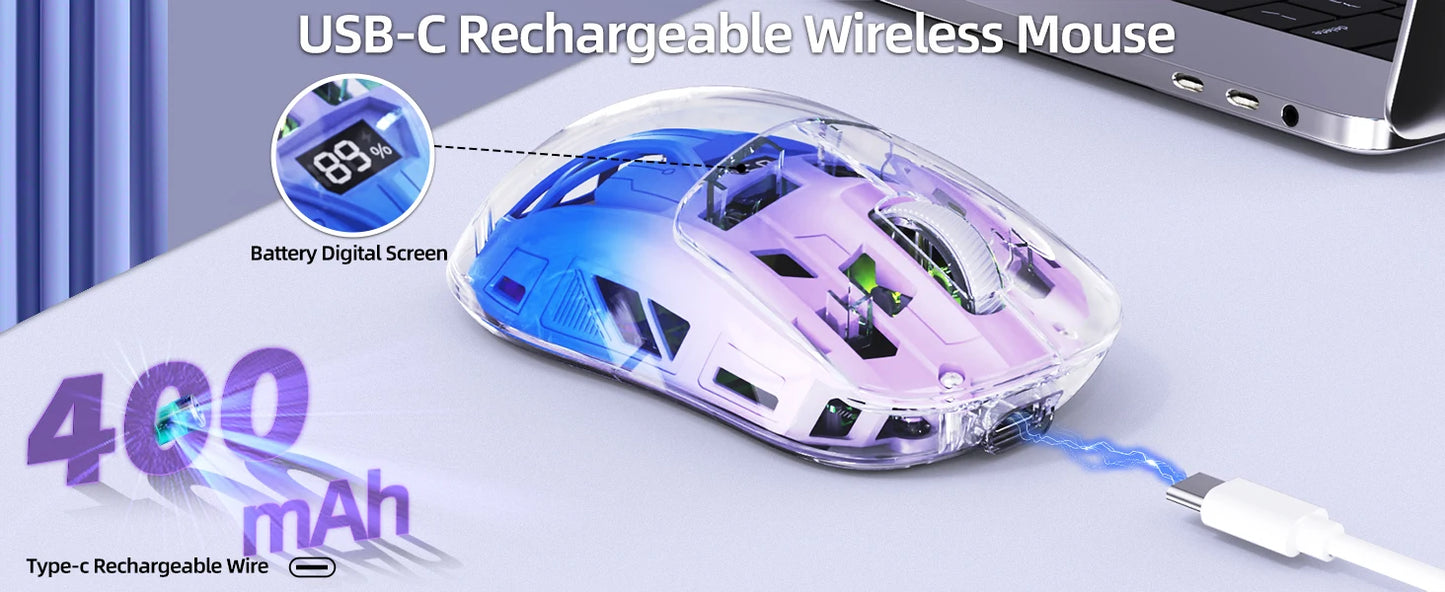 A2 transparente kabellose Gaming-Maus, BT 5.0/2.4G, wiederaufladbare RGB-Maus für PC mit digitalem Display, PixArt 3212, 5 einstellbare DPI