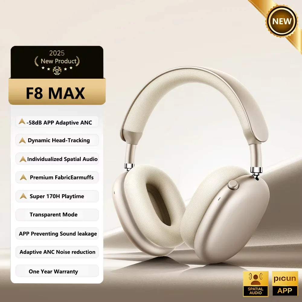 Cuffie wireless Picun F8 Pro ANC con head tracking, audio spaziale 3D, ANC -52dB, headset Bluetooth Hi-Fi, microfono HD ENC, app a bassa latenza