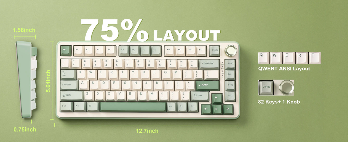YUNZII B75 PRO Green Mechanical Gaming Keyboard, Gasket 75 Knob RGB Keyboard, BT/Wired/Wireless Hot-Swap Custom Creamy Keyboard