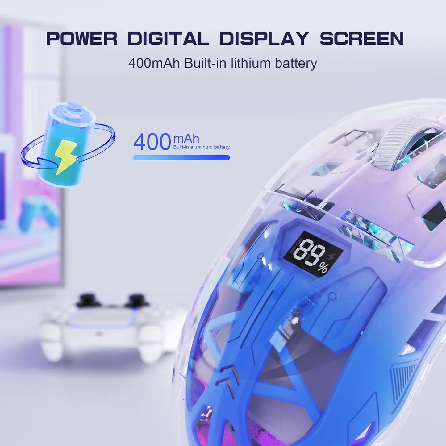 A2 transparente kabellose Gaming-Maus, BT 5.0/2.4G, wiederaufladbare RGB-Maus für PC mit digitalem Display, PixArt 3212, 5 einstellbare DPI