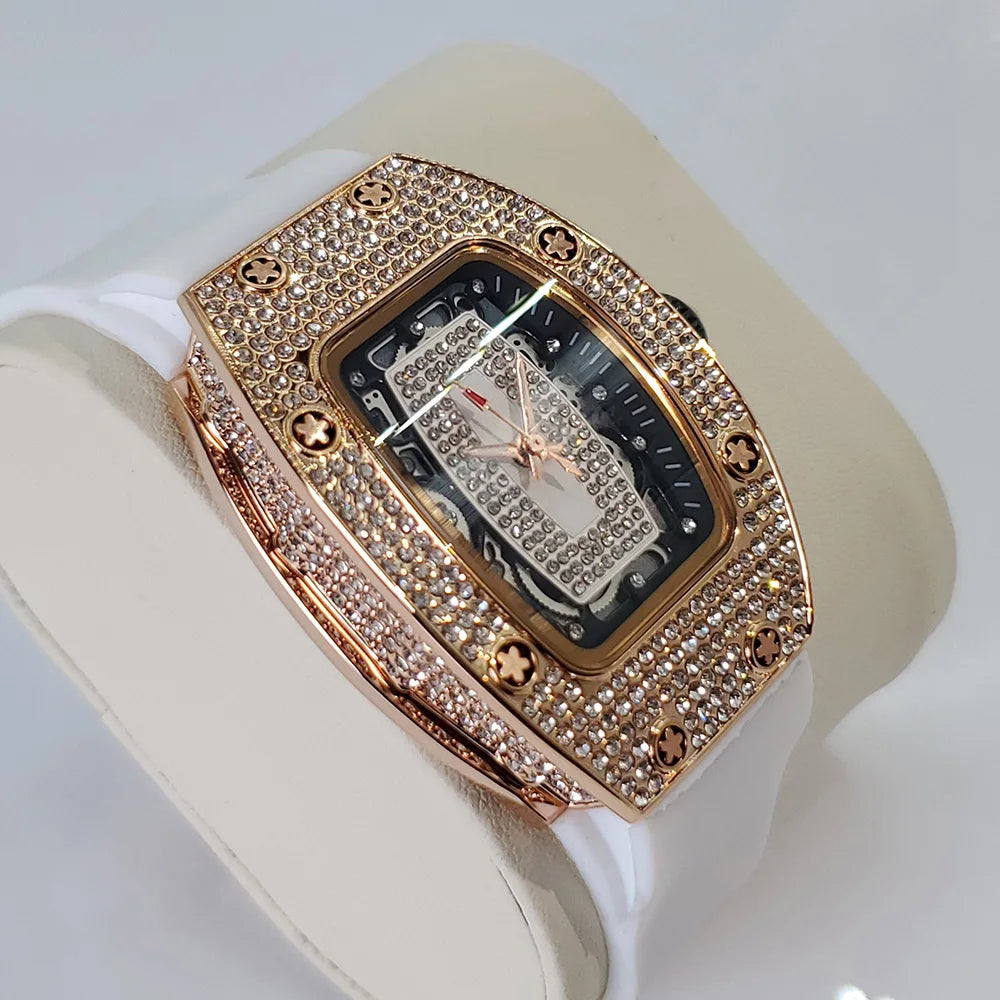Luxury Diamond Watch For Women Elegant Tonneau Original Design Watches Fashion Ice Out Sport Rubber Strap Waterproof Mille Clock