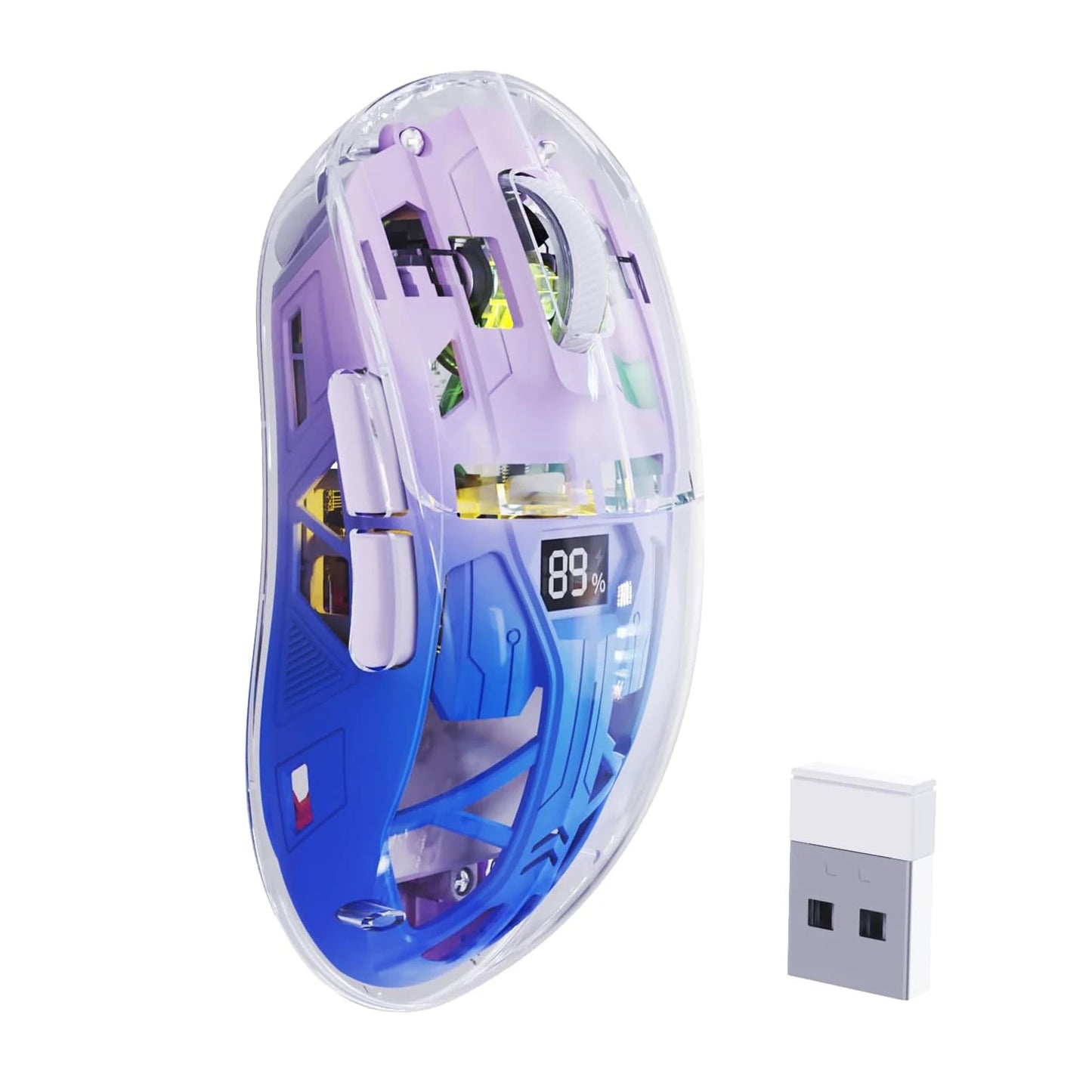 A2 transparente kabellose Gaming-Maus, BT 5.0/2.4G, wiederaufladbare RGB-Maus für PC mit digitalem Display, PixArt 3212, 5 einstellbare DPI