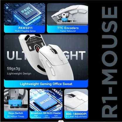 Attack Shark R1 Lekka bezprzewodowa mysz gamingowa Bluetooth 2.4G PAW3311 18000DPI ergonomiczna mysz z makrami