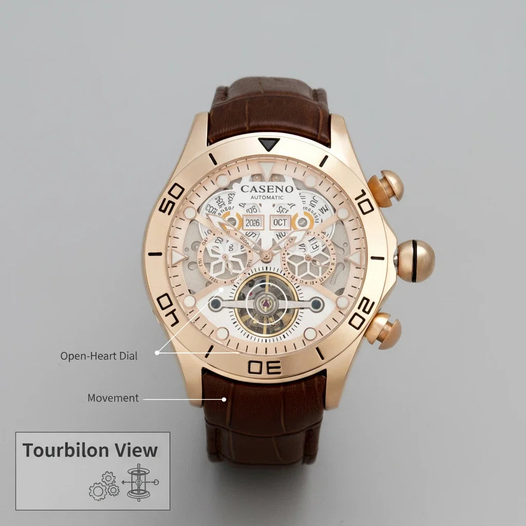 CASENO Brand Bubble Perpetual Calendar Fully Automatic Tourbillon Large Dial Mechanical Watch Belt Watch -58284G