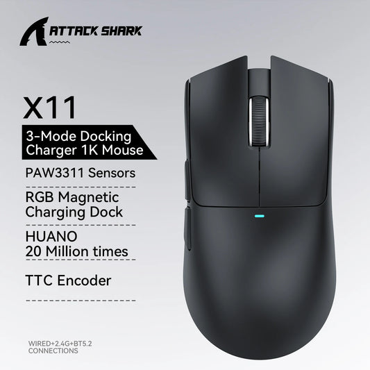 ATTACK SHARK X11 Gaming-Maus und X11 SE kabellose Maus, 22000 DPI, PAW3311-Sensor, BT/2.4G/kabelgebunden, 59g leicht, 2000W Klicks